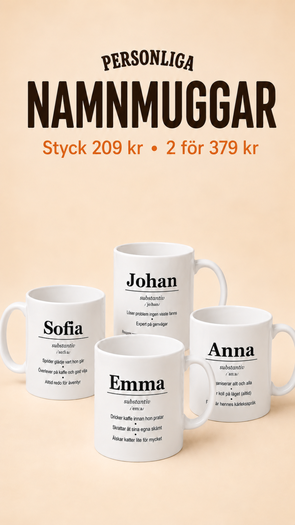 personliga namnmuggar i beige studiobild